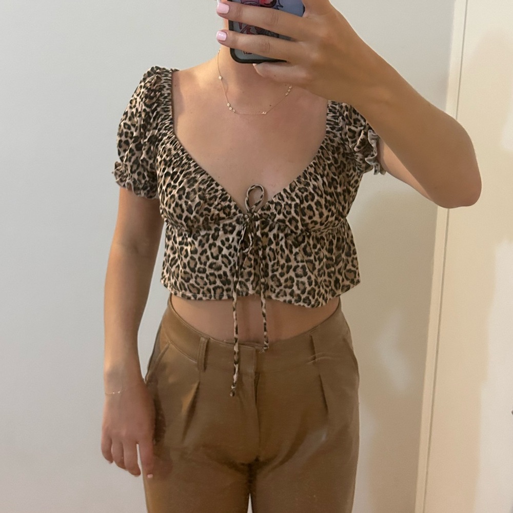 Urban Outfitters Tie Front Leopard Print Top